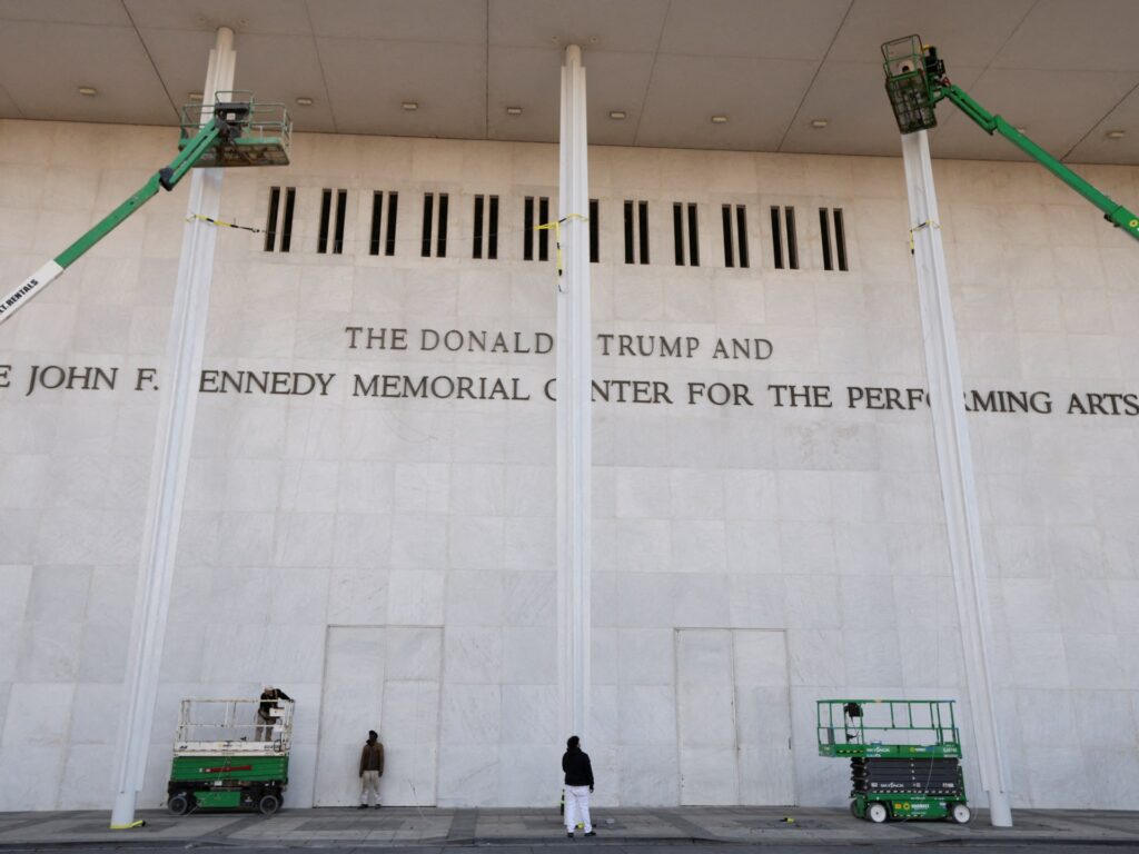 trump’s-name-added-to-kennedy-center-exterior,-one-day-after-vote-to-rename
